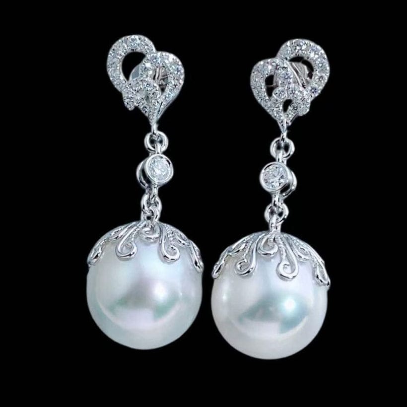 Luxury Promise South Sea White Pearl 0.40ct Diamond Earrings 11.5+11.6mm set in 18K White Gold