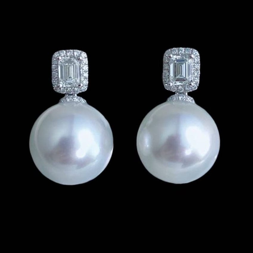 Luxury Promise South Sea White Pearl 12.2-12.3mm & 0.87ct Diamond Earrings set in 18K White Gold