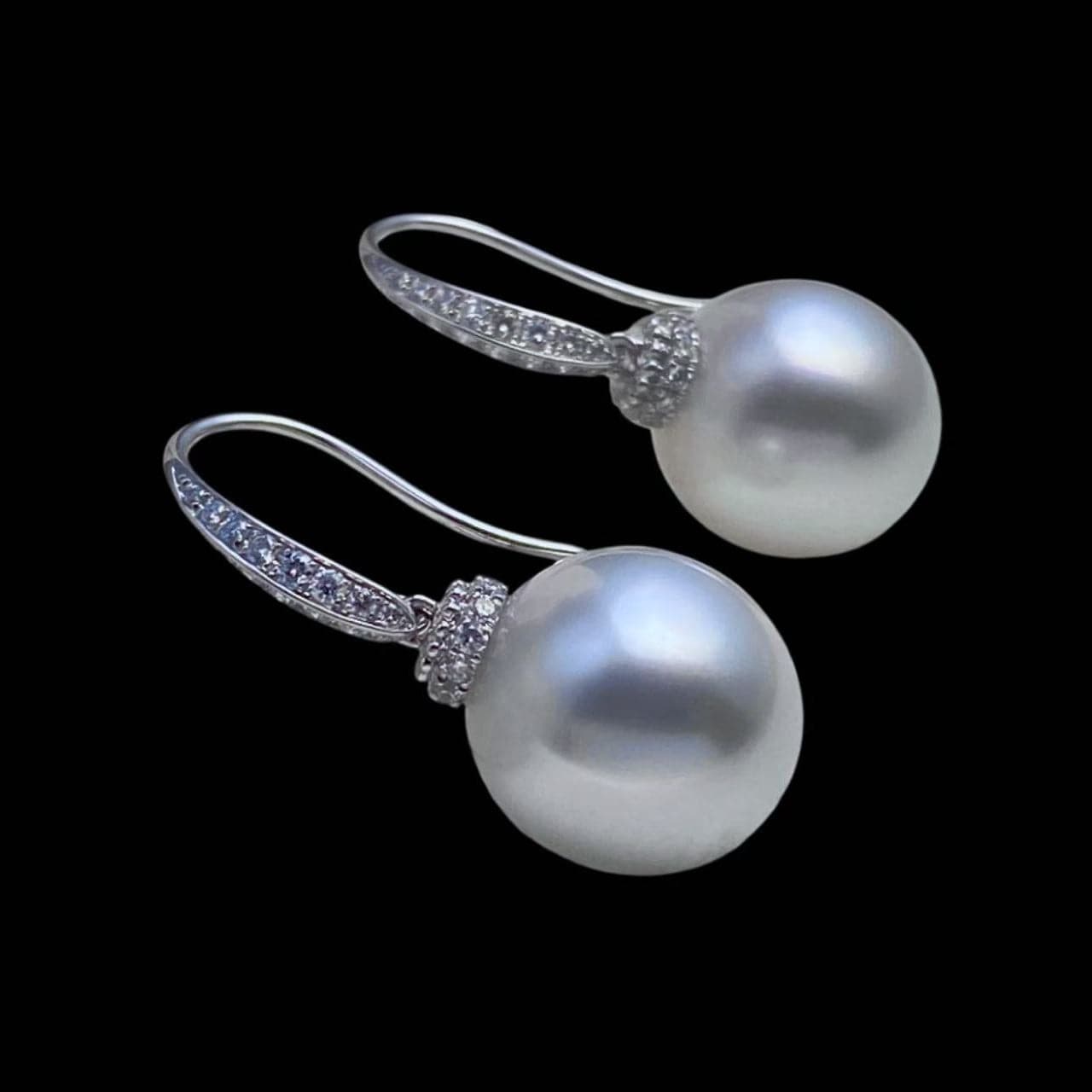 Luxury Promise South Sea White Pearl 12.5mm+12.35mm & 0.37ct Diamond Earrings set in 18K White Gold