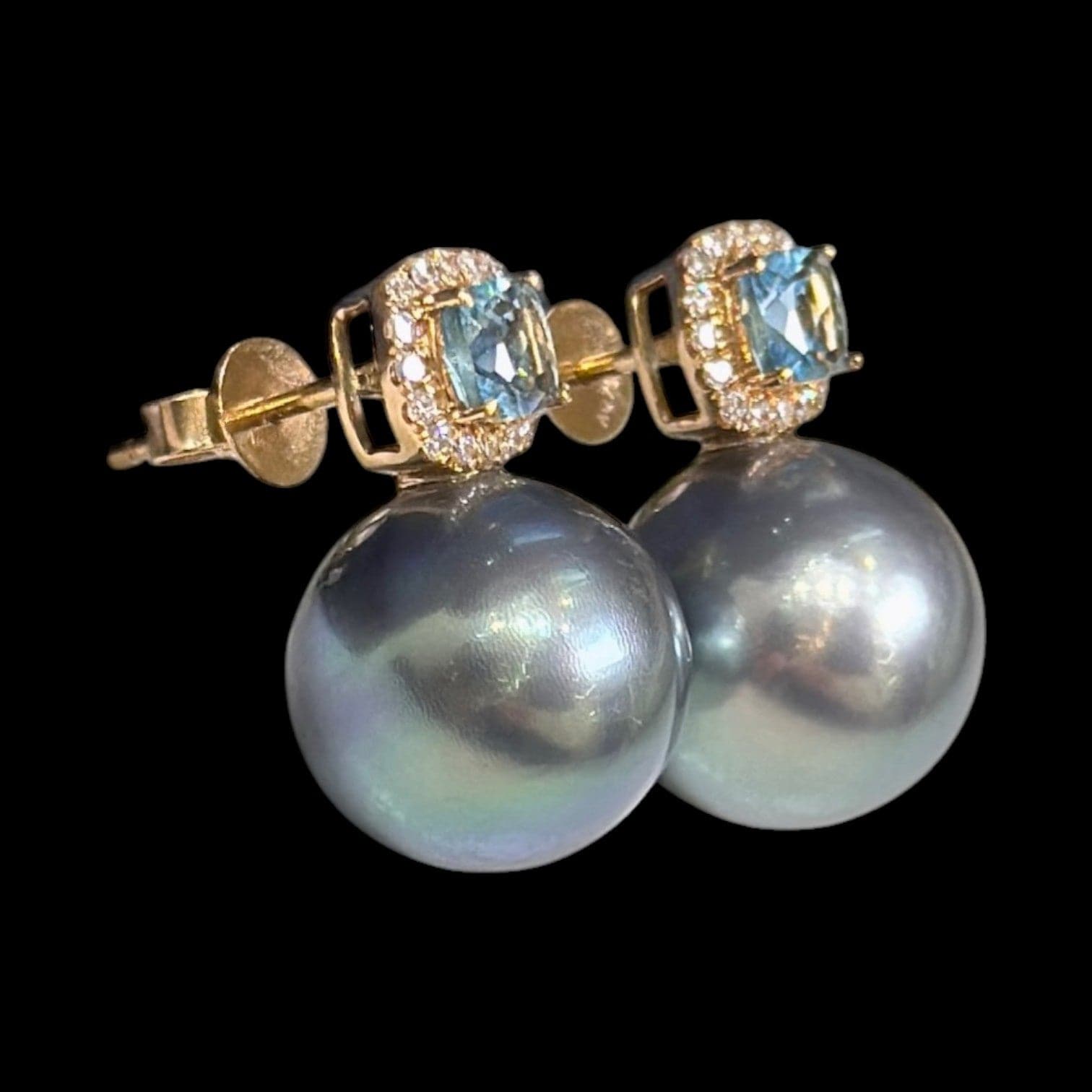 Luxury Promise Tahitian Pearl 11.8mm Topazes Earrings set in 18K Yellow Gold