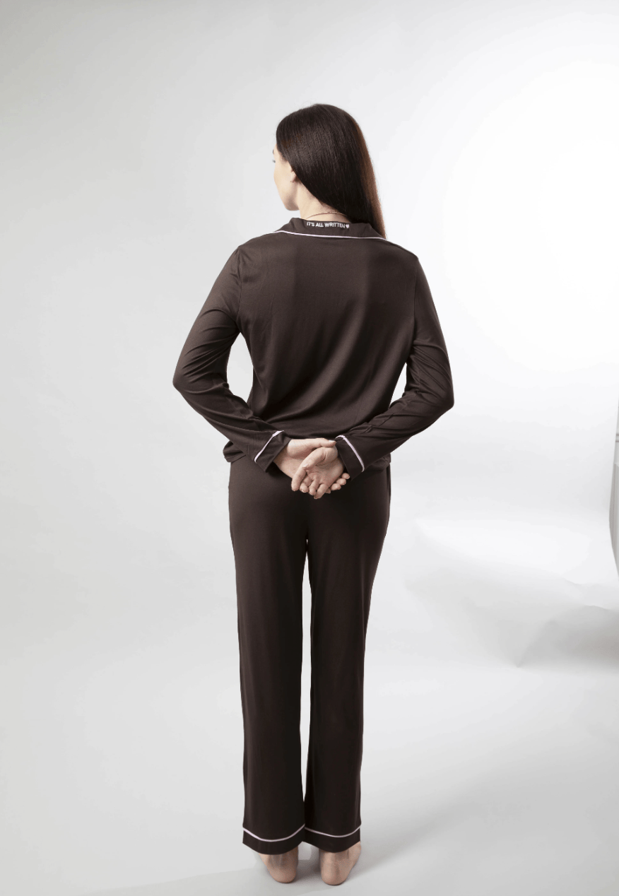 Luxury Promise Espresso Martini - Espresso Brown Pyjama Set With Baby Pink Piping