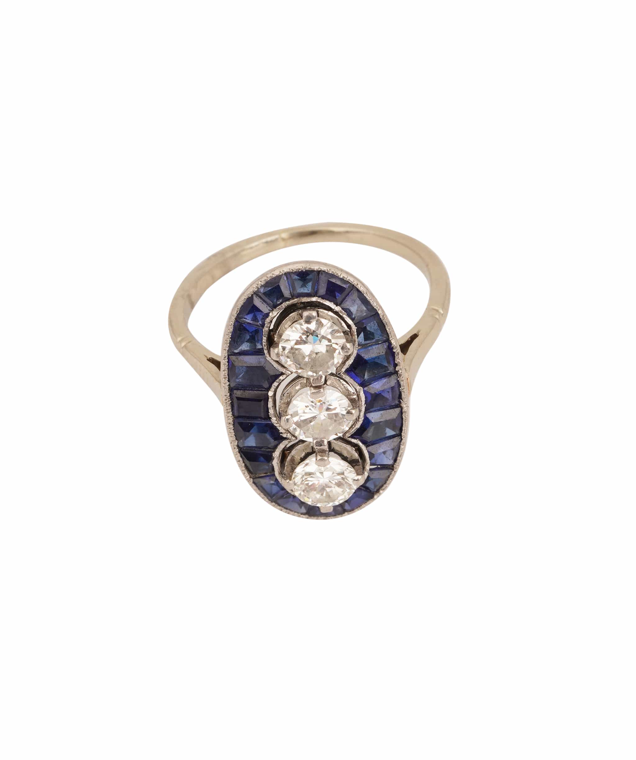 Luxury Promise Art Deco Calibre Sapphire and Diamond 3-Stone Oval Ring WA25222