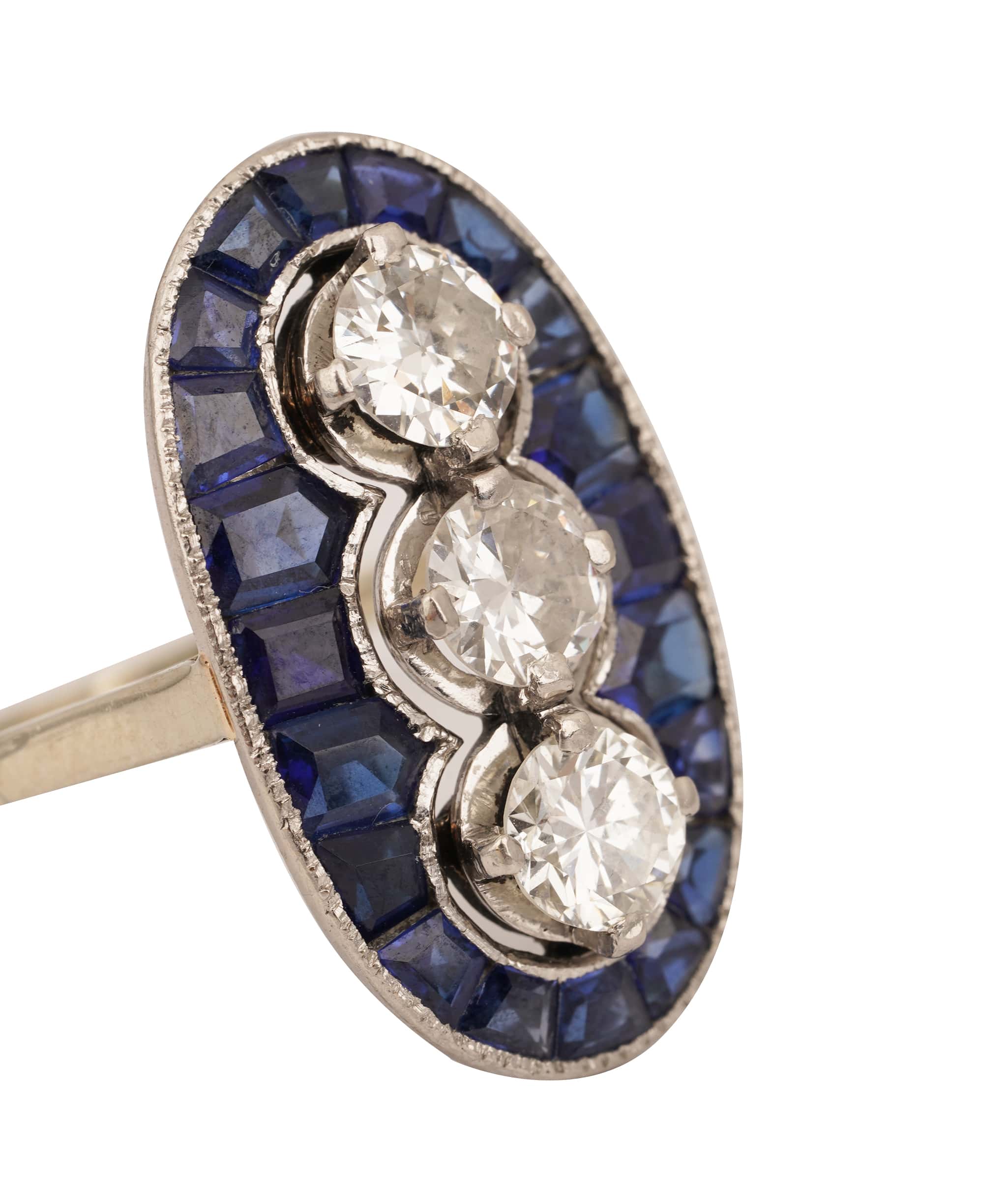 Luxury Promise Art Deco Calibre Sapphire and Diamond 3-Stone Oval Ring WA25222
