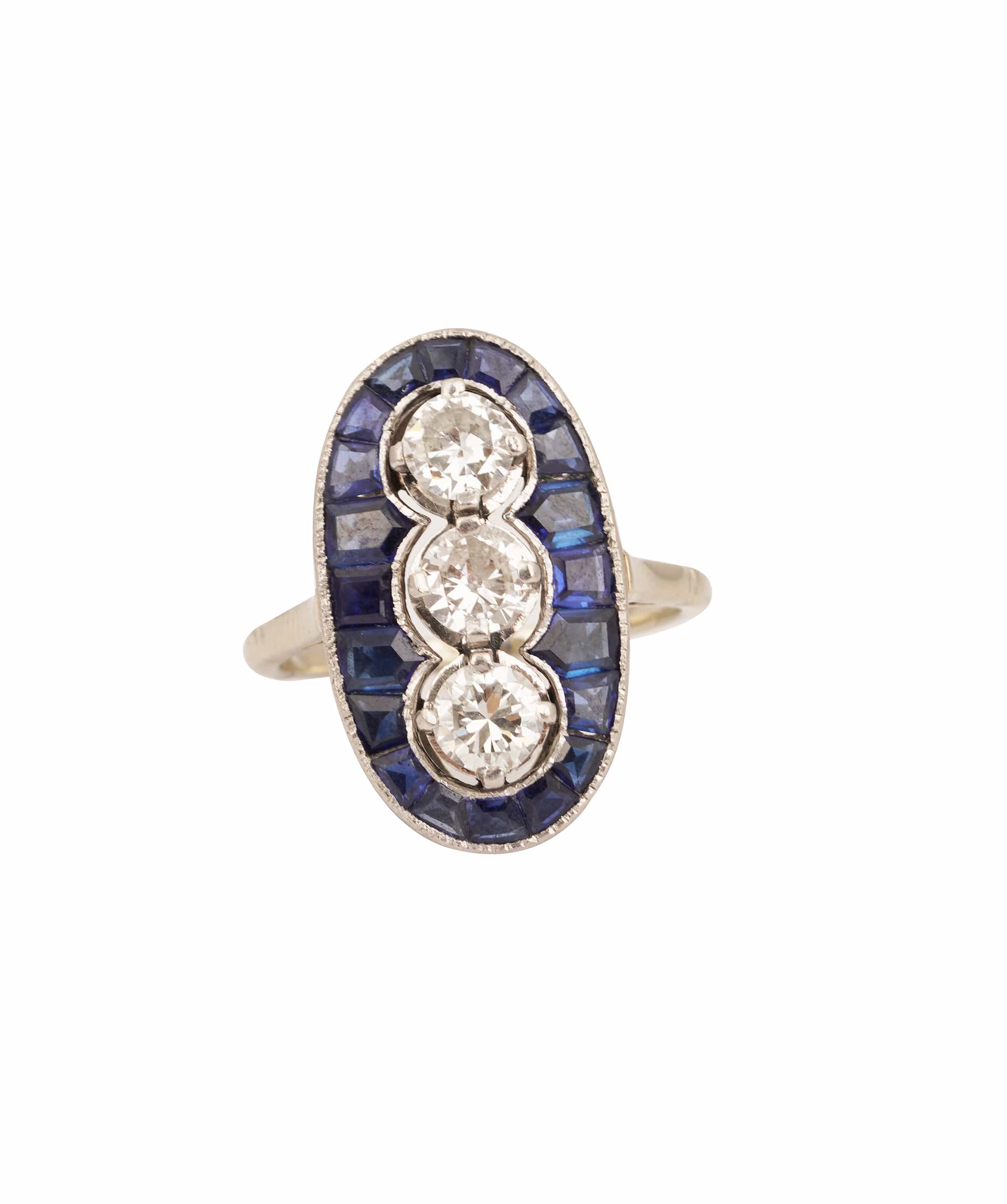 Luxury Promise Art Deco Calibre Sapphire and Diamond 3-Stone Oval Ring WA25222