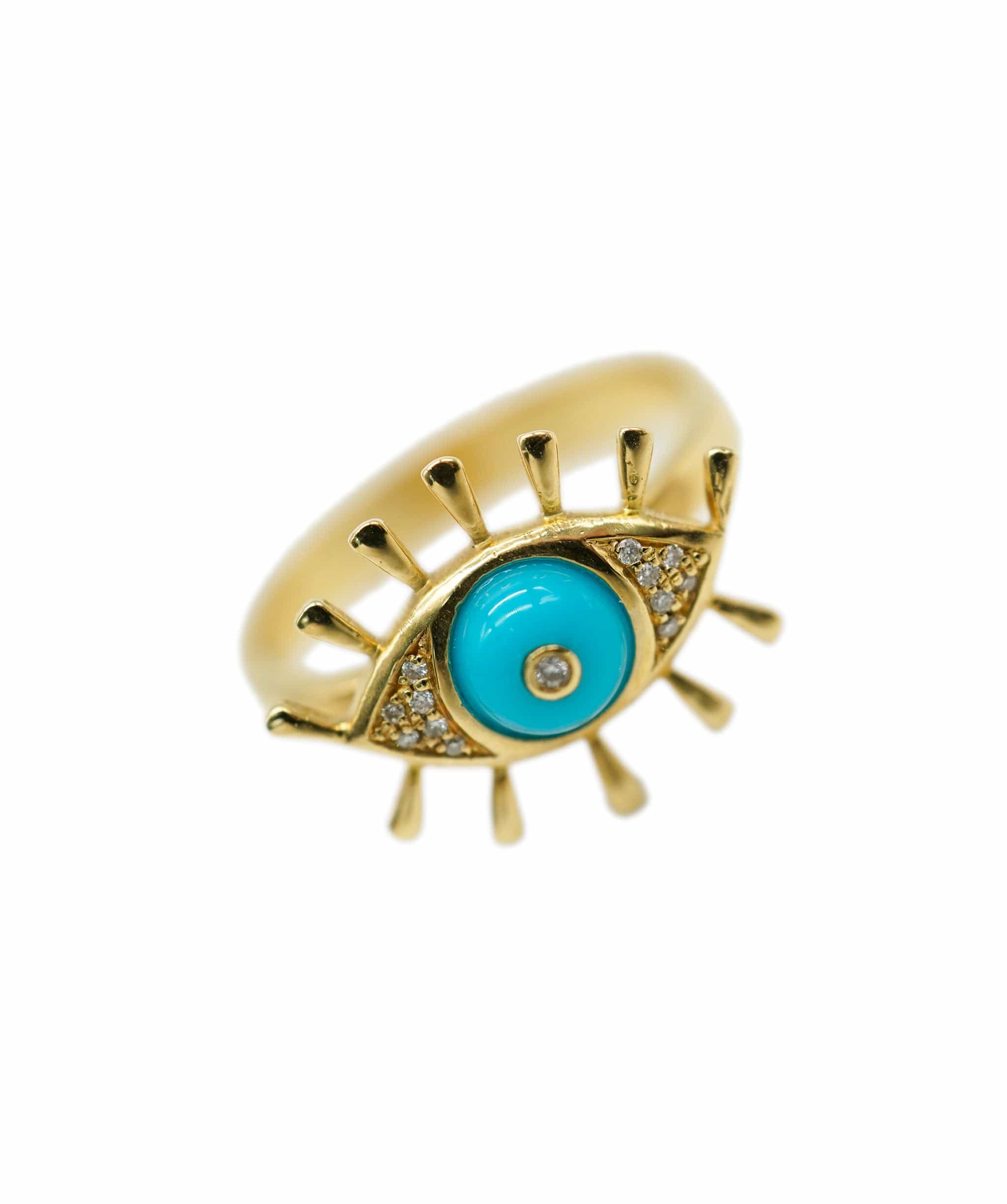 Luxury Promise Turquoise Eye Resin Diamond Ring 18K Yellow gold ASC1921
