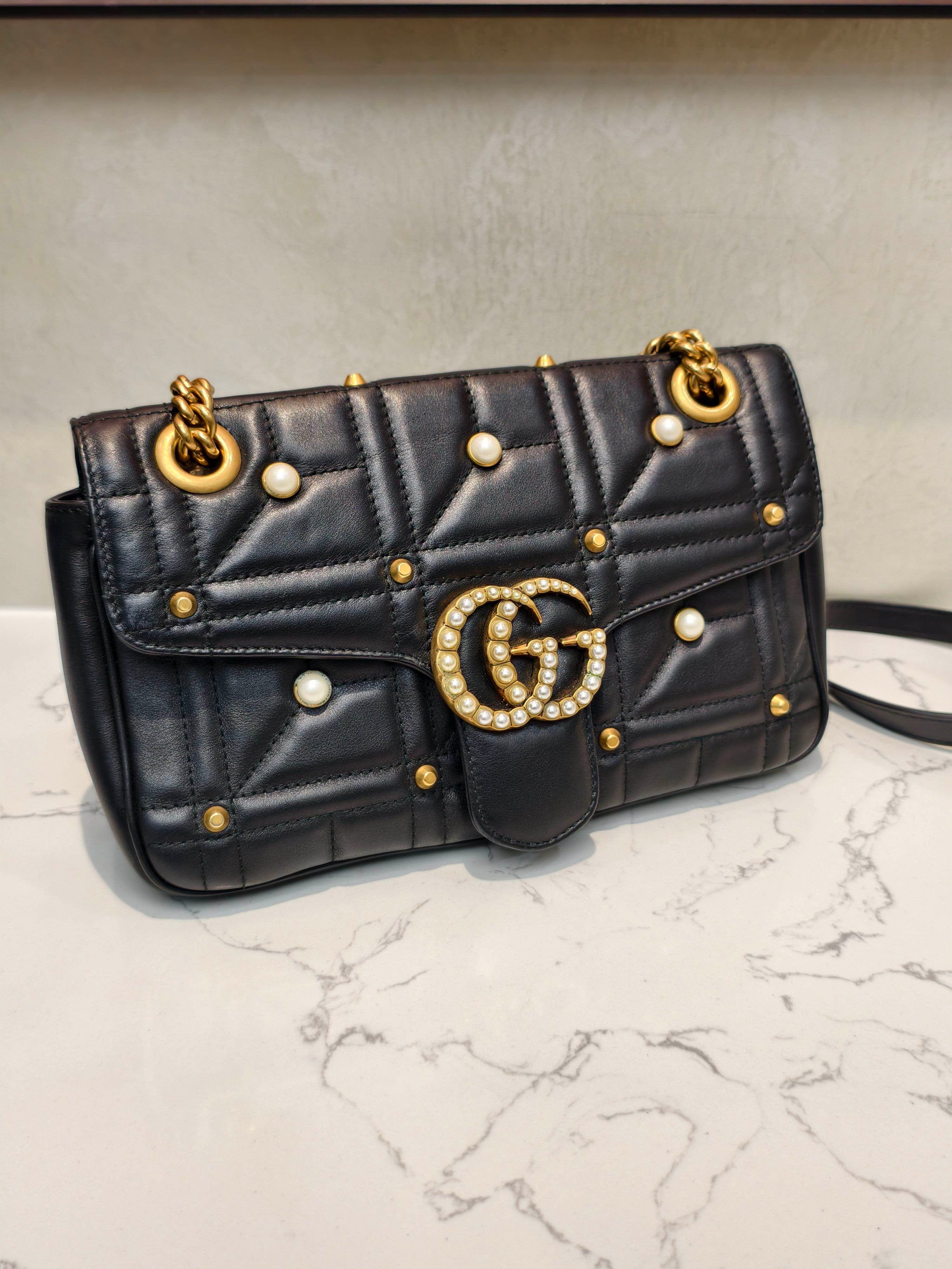 LUXURY PROMISE Gucci GG Marmont Pearl Stud Quilted Leather Crossbody Bag