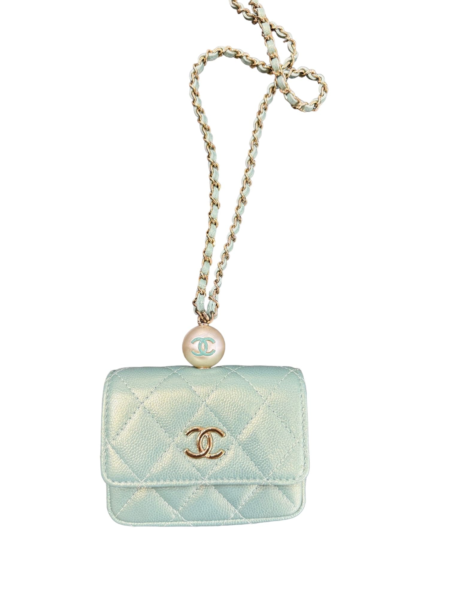 Chanel Blue Card Holder with Chain and Pearl LuxuryPromise