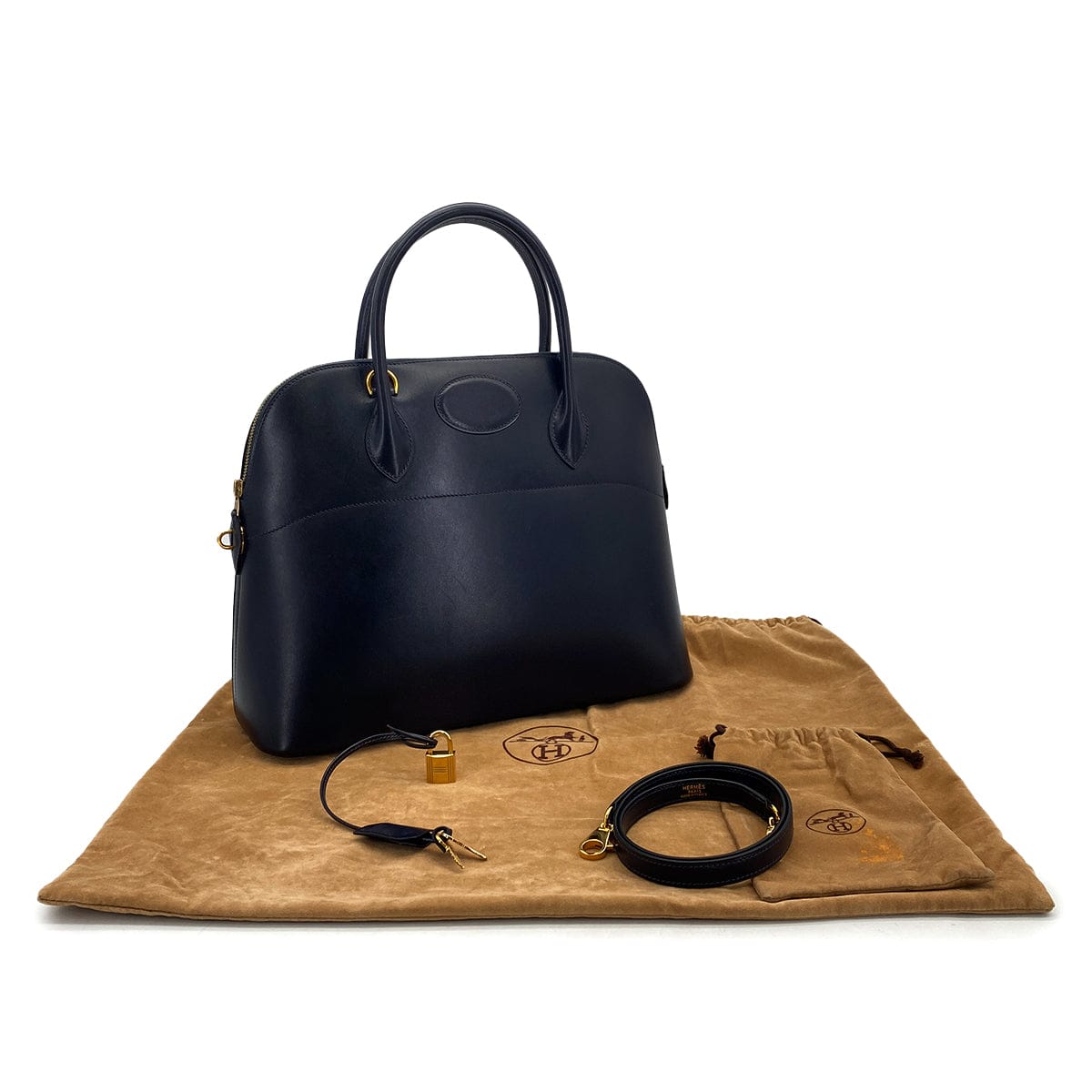 LUXURY PROMISE HERMES BOLIDE 35 BLUE INDIGO BOXCALF HAND SHOULDER BAG 1999 SQUARE C GOLD HARDWARE 90322167