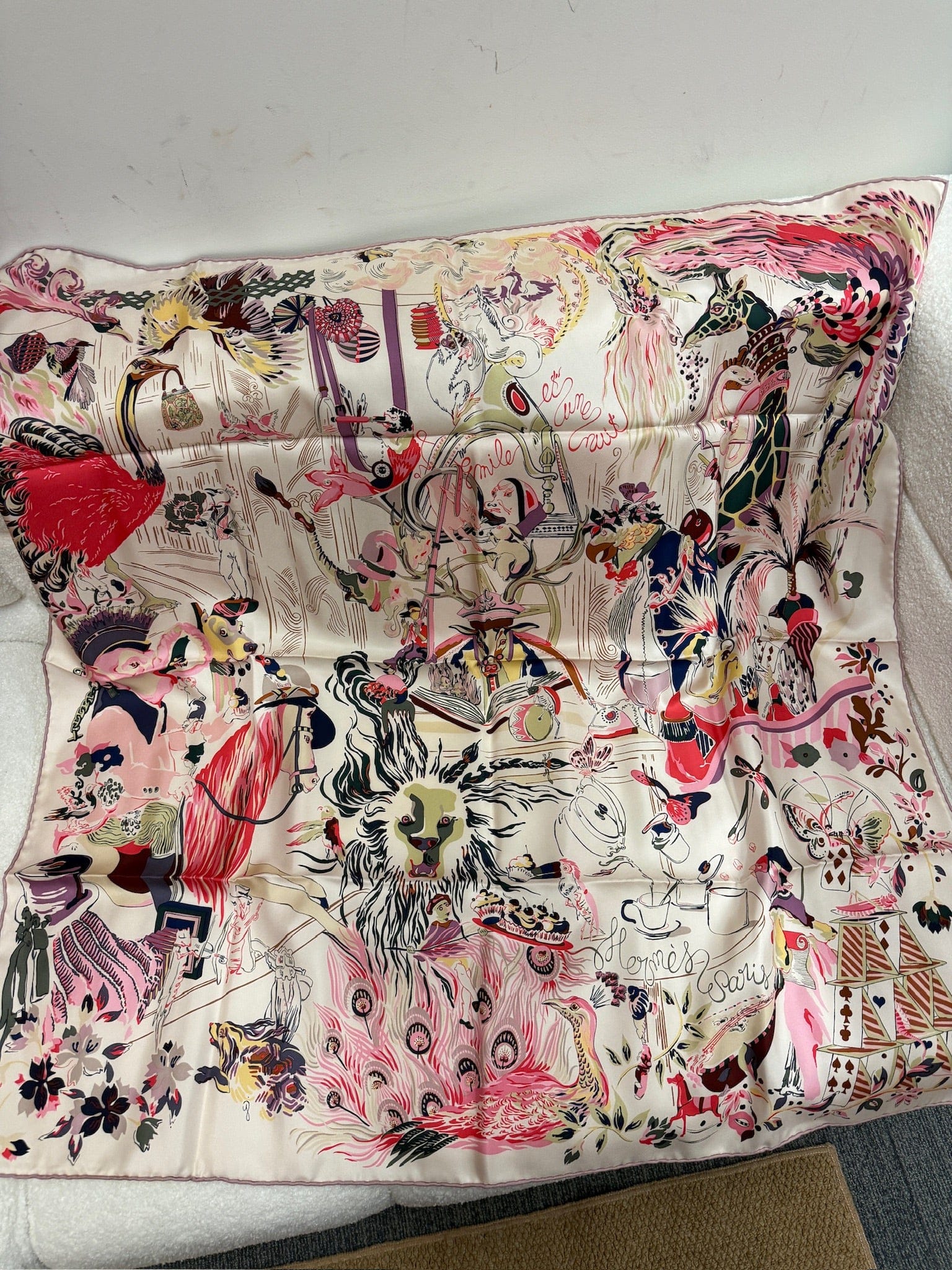 LUXURY PROMISE Hermès "Émile's Fantastic Night" 90cm Silk Scarf – Whimsical Animal & Fantasy Motif – 2025 Spring/Summer Collection