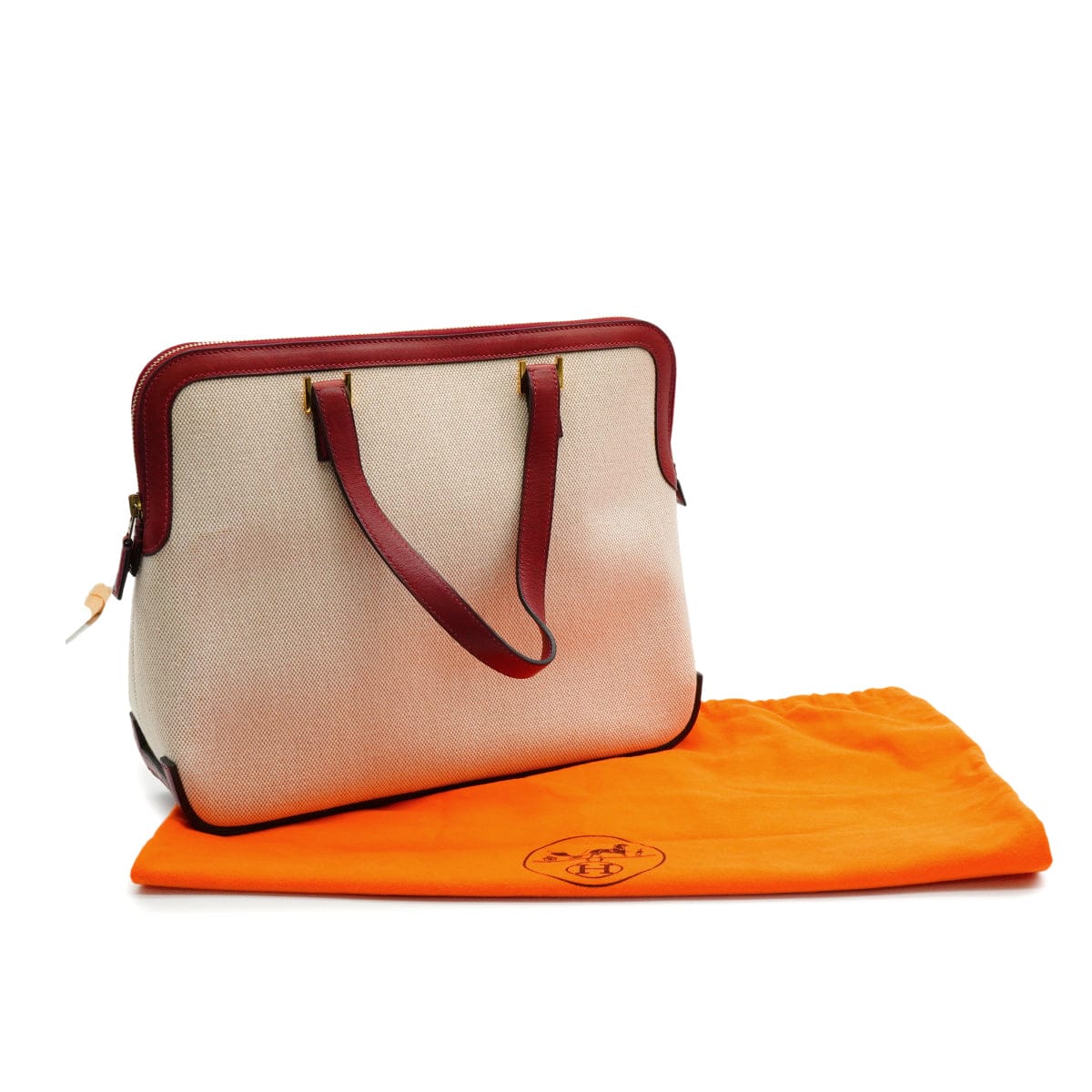 LUXURY PROMISE HERMES ESCAPADA ROUGE H TOILE H BOX CALF HAND BAG 2002 SQUARE F GOLD HARDWARE 90341717