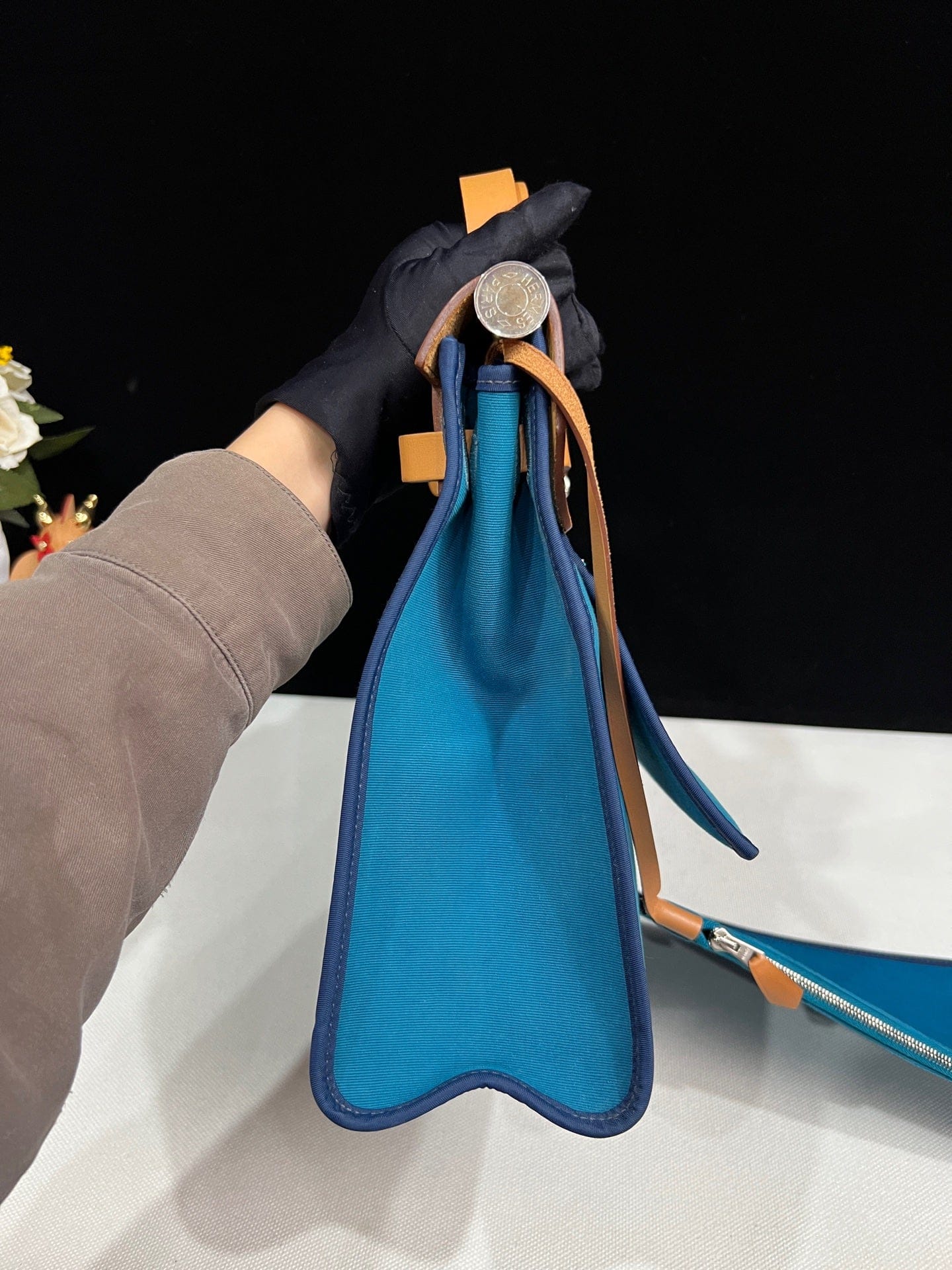 Luxury Promise Hermès Herbag 31 Blue Canvas Gold Brown Leather Palladium Hardware Q Stamp