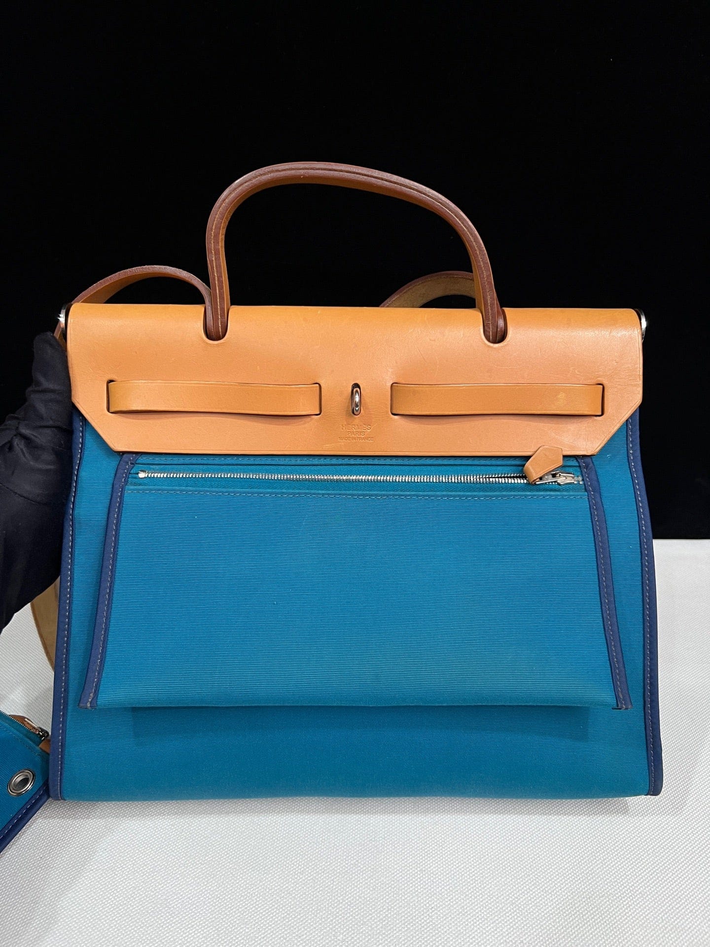 Luxury Promise Hermès Herbag 31 Blue Canvas Gold Brown Leather Palladium Hardware Q Stamp