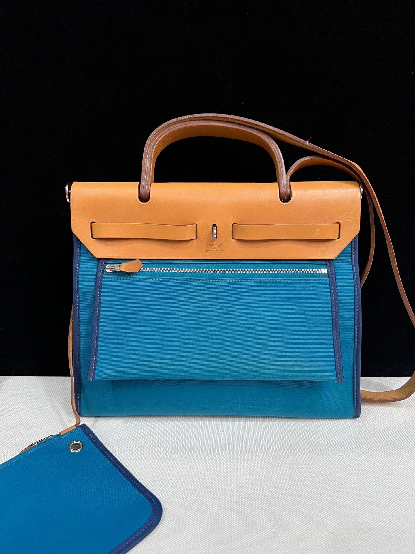 Luxury Promise Hermès Herbag 31 Blue Canvas Gold Brown Leather Palladium Hardware Q Stamp