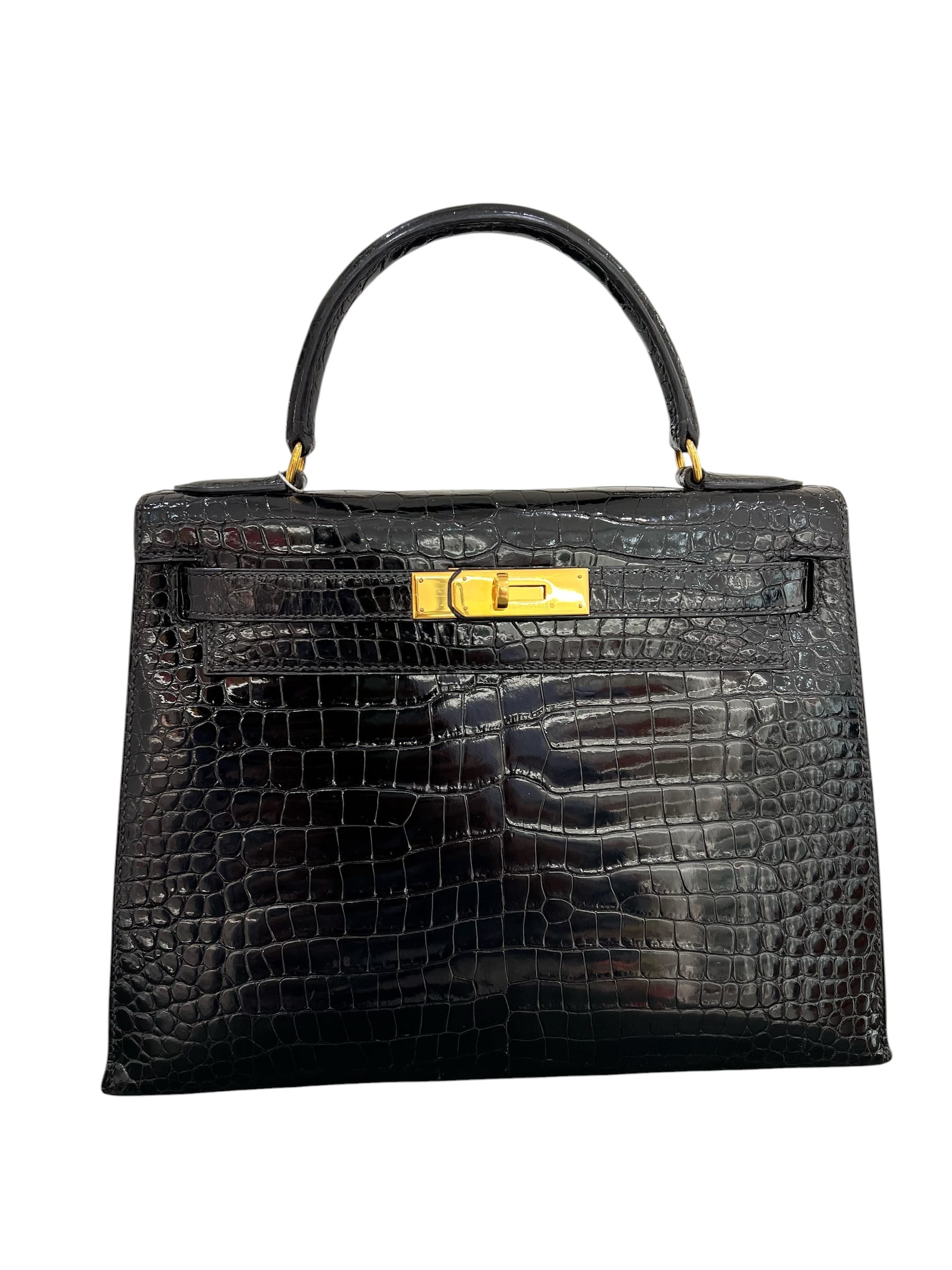Luxury Promise Hermes Kelly 28 Sellier Black Shiny Porosus GHW #V Circle SKCH4103