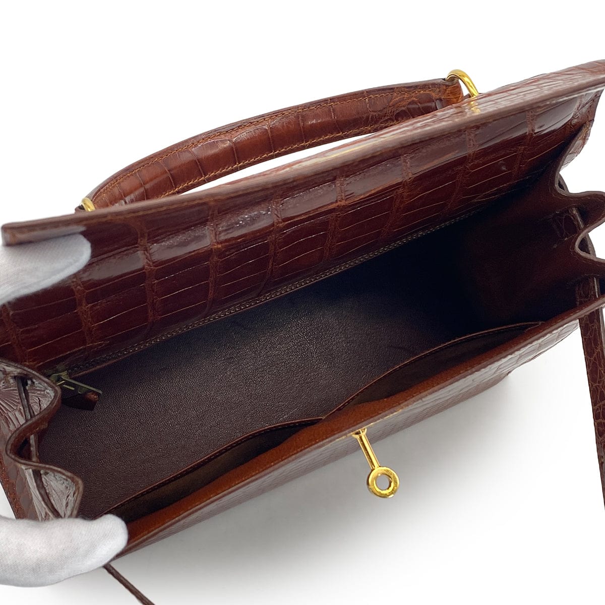 LUXURY PROMISE HERMES KELLY 28 SELLIER MIEL CROCODILE ALLIGATOR HAND SHOULDER BAG 1992 CIRCLE V GOLD HARDWARE 90325601