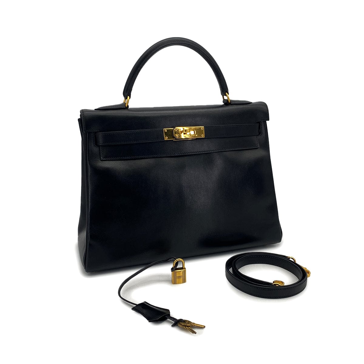 LUXURY PROMISE HERMES KELLY 32 RETOURNE BLACK BOXCALF HAND SHOULDER BAG 1994 CIRCLE X GOLD HARDWARE 90324739