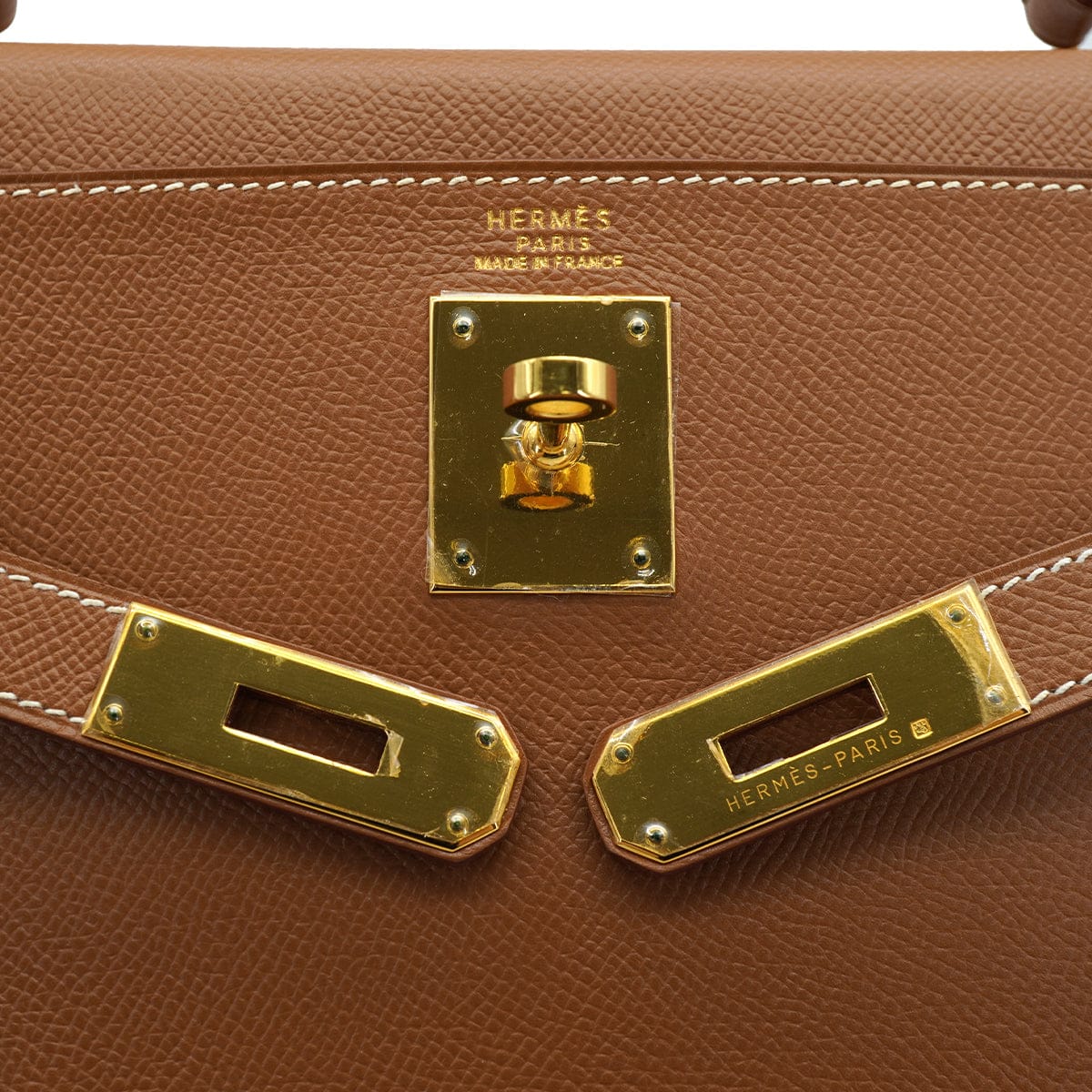 LUXURY PROMISE HERMES KELLY 32 RETOURNE GOLD COURCHEVEL HAND SHOULDER BAG 2000 SQUARE D GOLD HARDWARE 90331848