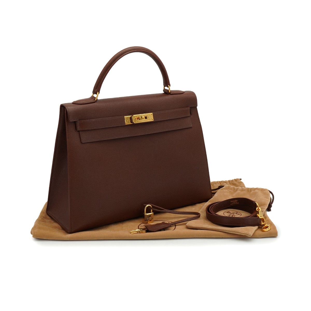 LUXURY PROMISE HERMES KELLY 32 SELLIER HAVANE COURCHEVEL HAND SHOULDER BAG 1997 SQUARE A GOLD HARDWARE 90337276