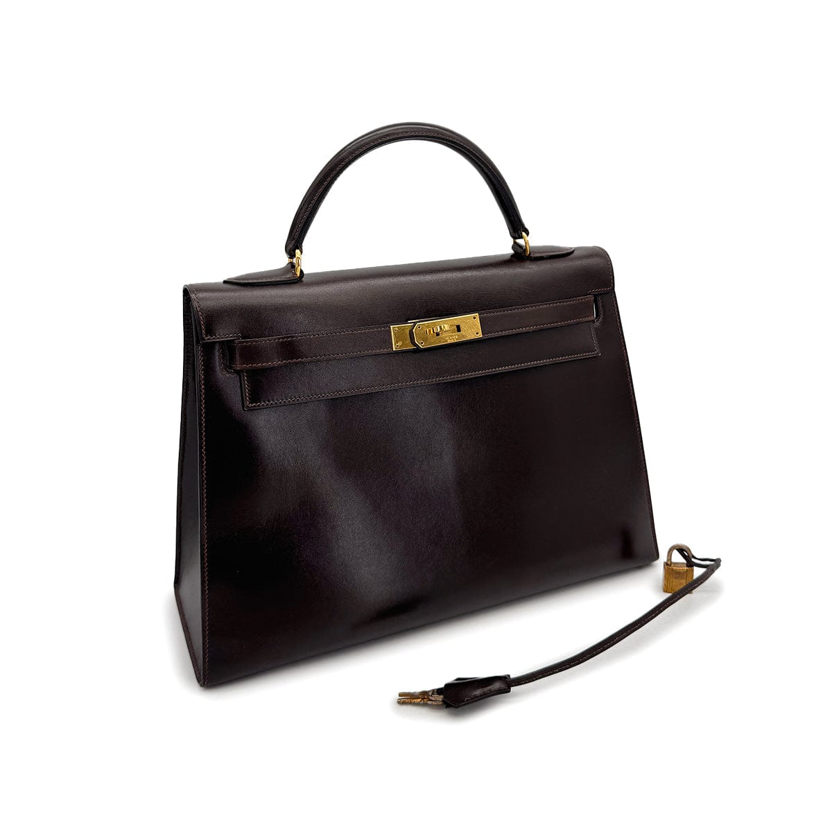 Luxury Promise HERMES KELLY 32 SELLIER MARRON FONCE BOXCALF HAND BAG 1976 CIRCLE F GOLD HARDWARE 90308970