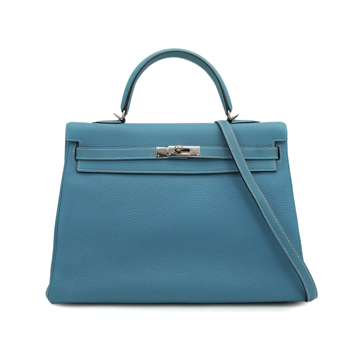 Luxury PROMISE HERMES KELLY 35 RETOURNE BLUE JEAN TAURILLON CLEMENCE HAND SHOULDER BAG 2003 SQUARE G PALLADIUM HARDWARE 90312603