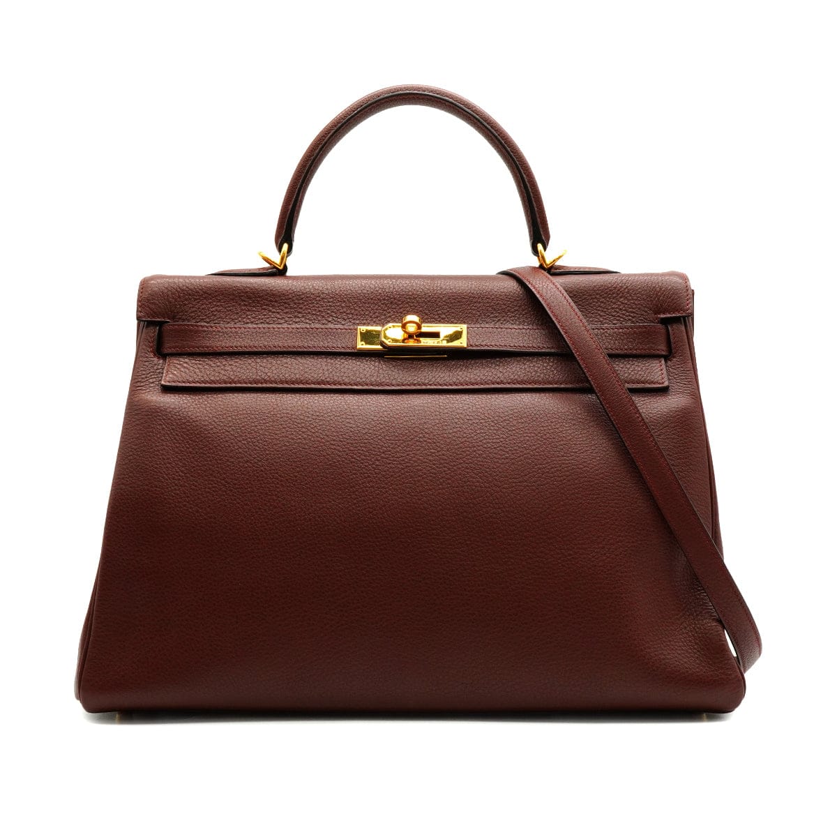 LUXURY PROMISE HERMES KELLY 35 RETOURNE MARRON FONCE TOGO HAND SHOULDER BAG 2000 SQUARE D GOLD HARDWARE 90341430