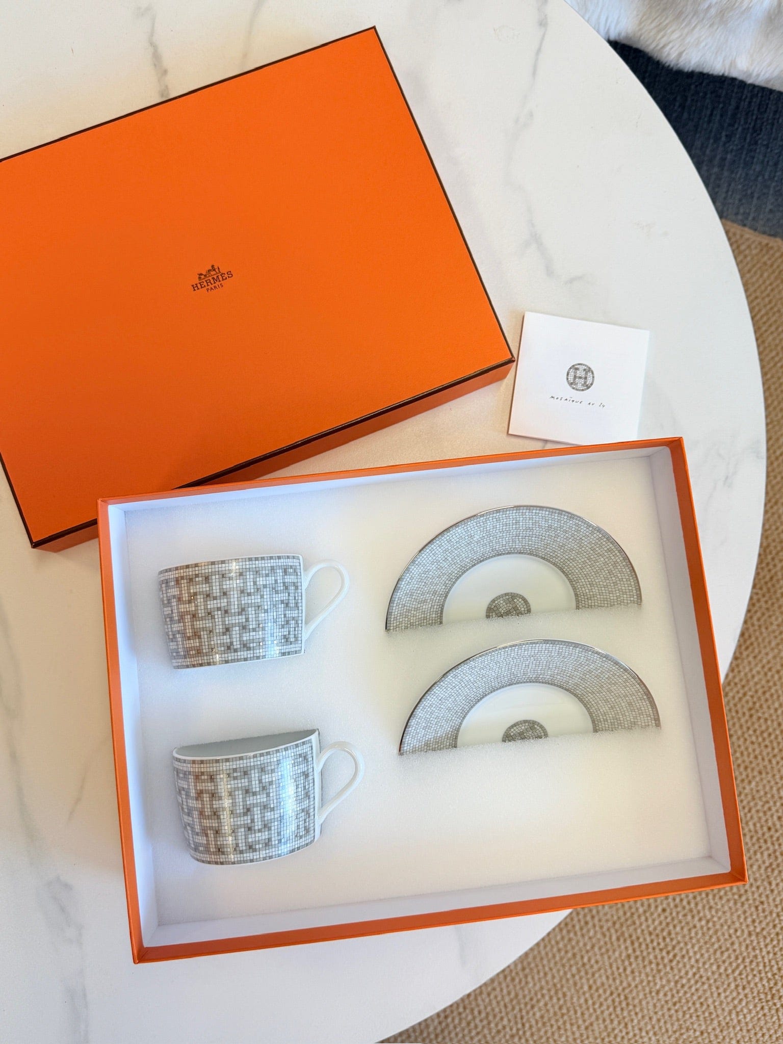 Luxury Promise Hermès "Mosaique au 24 Platinum" Coffee Cup & Saucer Set