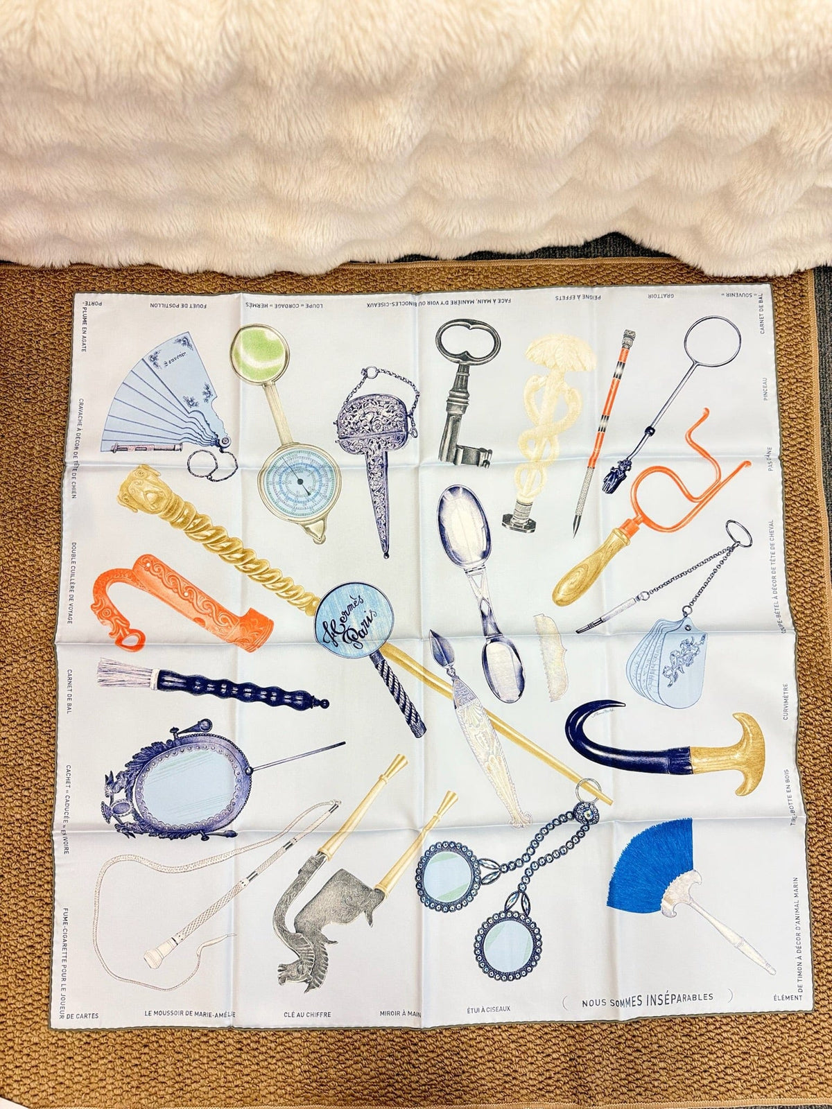 LUXURY PROMISE Hermès "Nous Sommes Inséparables" 90cm Silk Scarf – Vintage Objects Motif – 2024 Autumn/Winter Collection