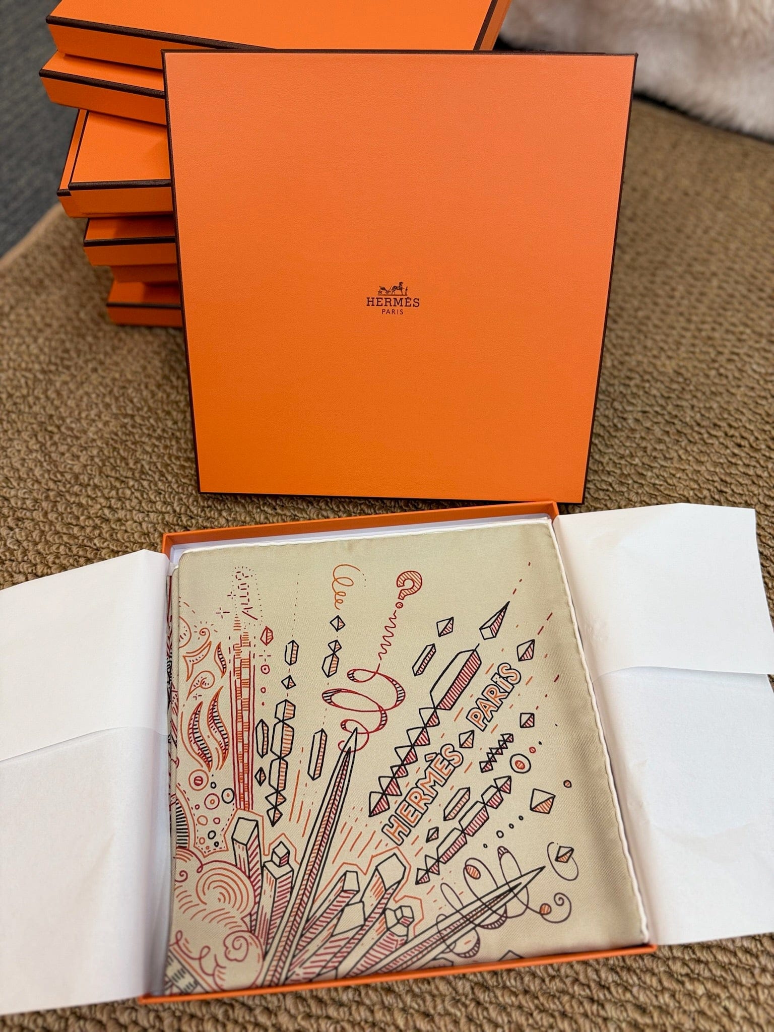 LUXURY PROMISE Hermès "Please Hold The Line" 90cm Silk Scarf – Abstract Telephone Motif