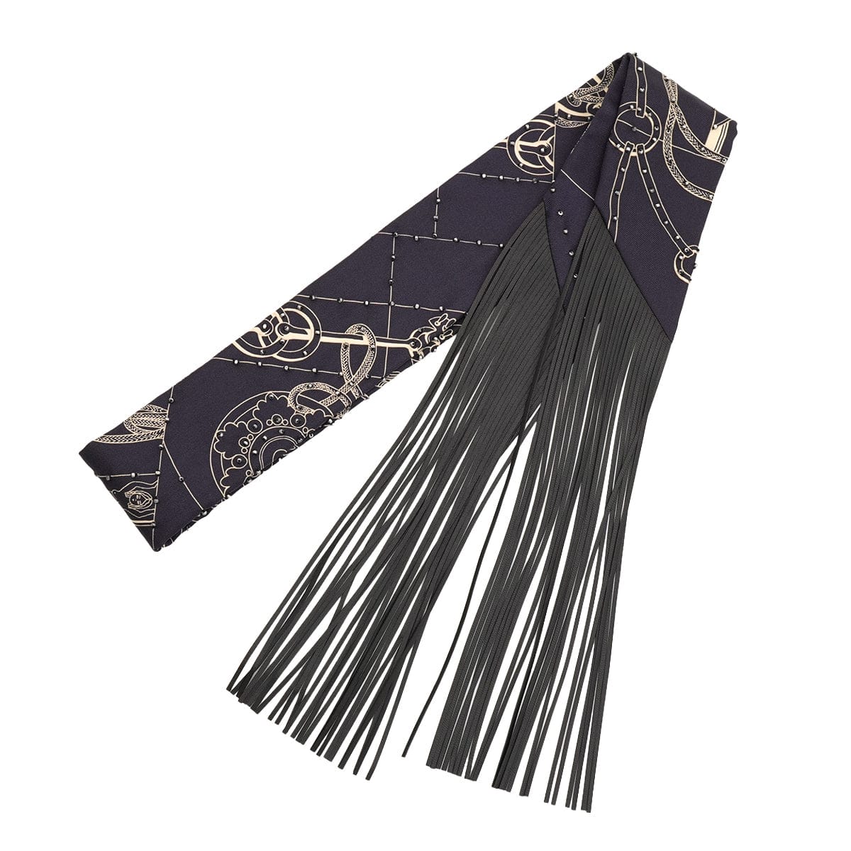 Luxury Promise HERMES TWILLY FRINGE LES CLES A POIS BLACK WHITE SILK LEATHER 90345988