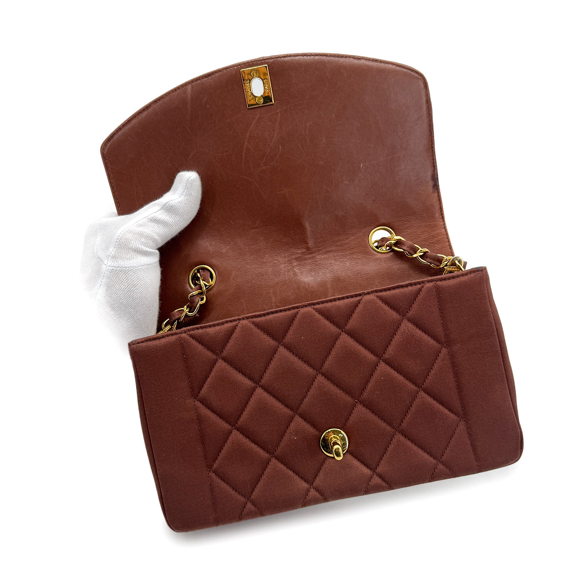 Luxury Promise Japan CHANEL VINTAGE DIANA SMALL CHAIN SHOULDER BAG BROWN SATIN 90272977