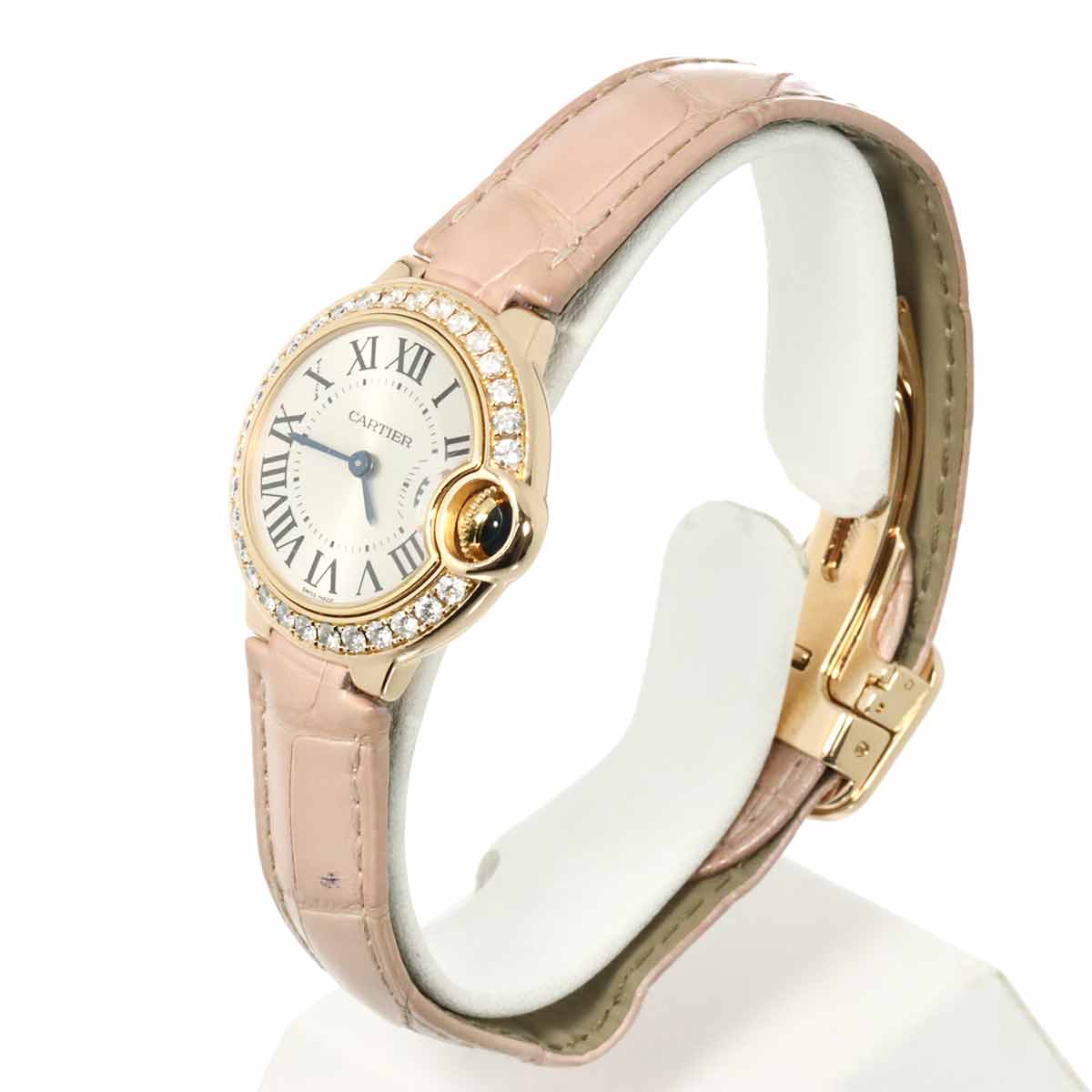 Luxury Promise Japan Cartier Ballon Bleu 28mm WE900251 Women's Watch with Diamond Bezel, Silver 18K White Gold, and Pink Gold Quartz Movement, Model 90293108