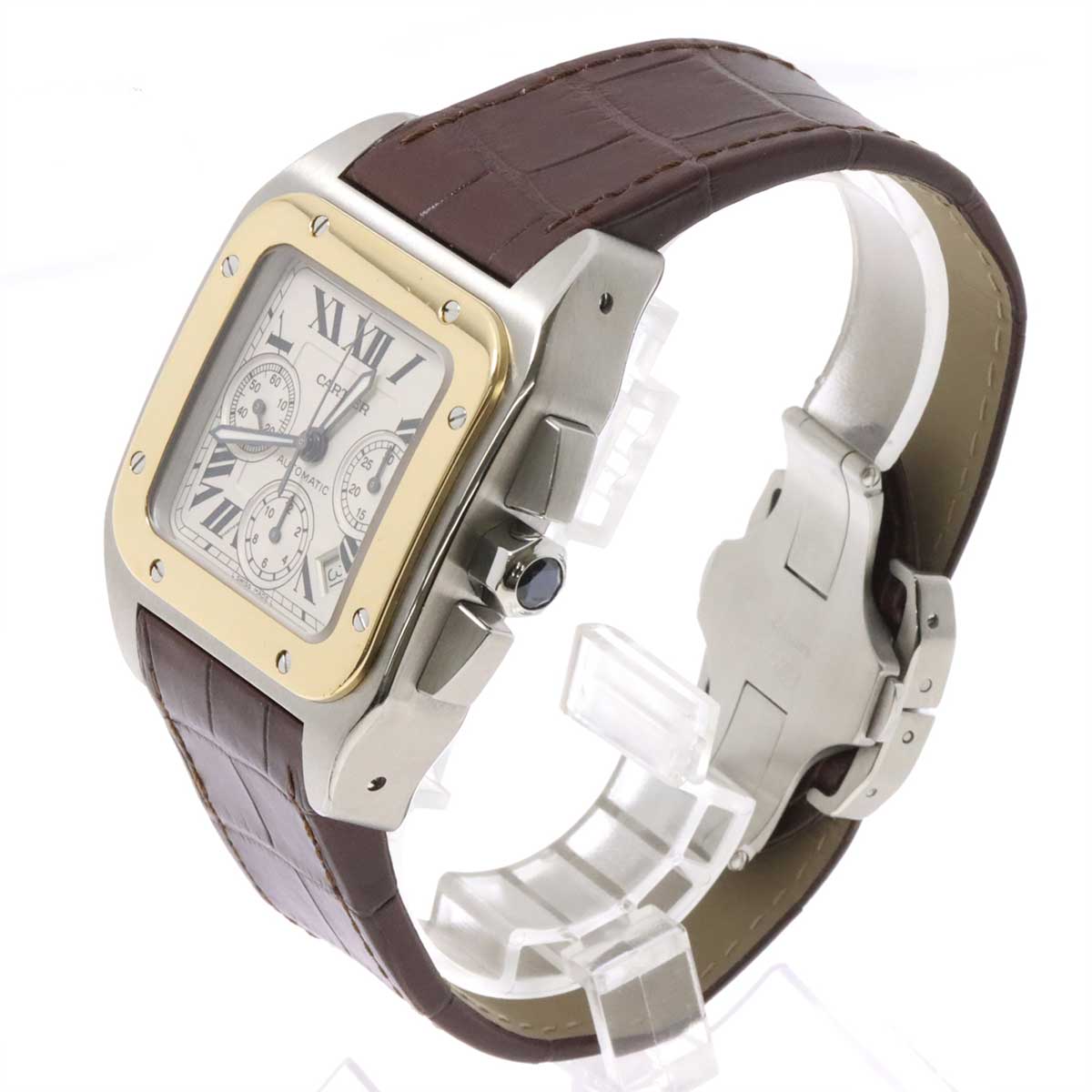 Luxury Promise Japan Cartier Santos 100 Two-Tone XL Chronograph W20091X7 Men's Watch, Silver, 18K Yellow Gold, Automatic, 90232389