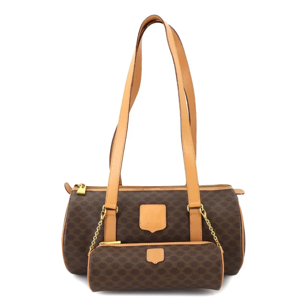 Luxury Promise Japan CELINE Macadam Boston Hand Bag PVC Leather Brown Vintage Purse 90286110