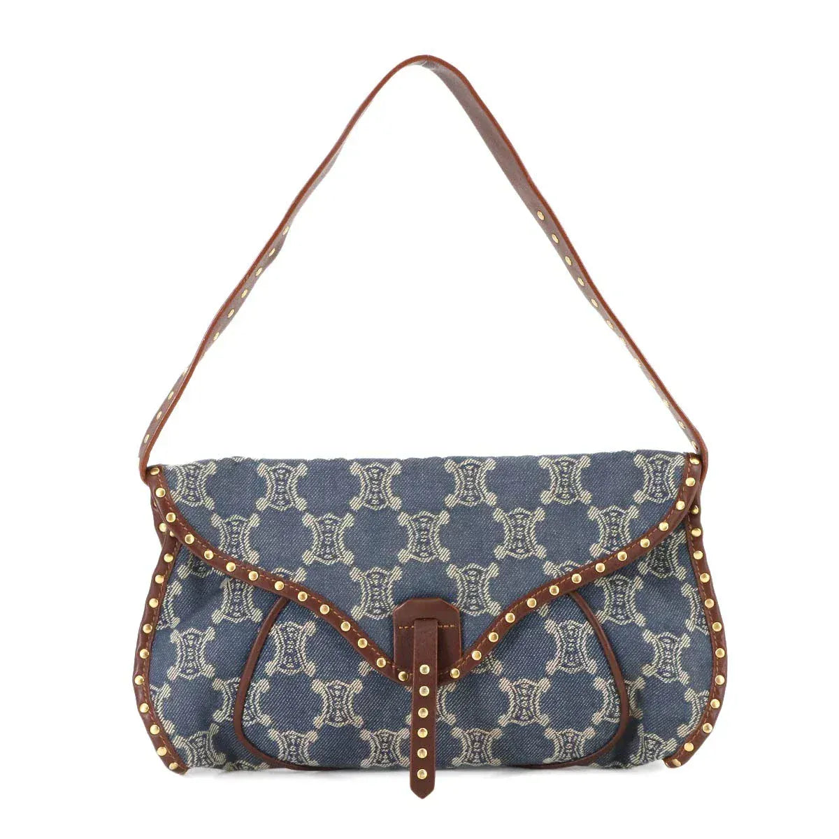 Luxury Promise Japan CELINE Macadam Shoulder Bag Denim Leather Blue Brown Purse 90292652