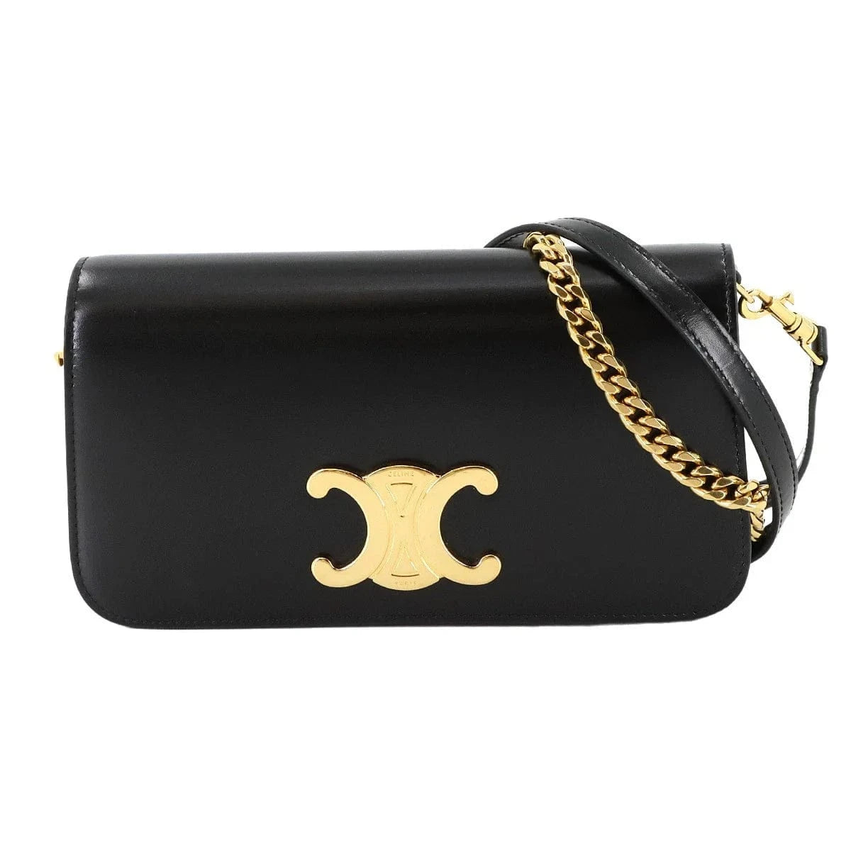 Luxury Promise Japan CELINE Triomphe Multi Pochette Chain Hand Shoulder Bag Leather Black 90283267