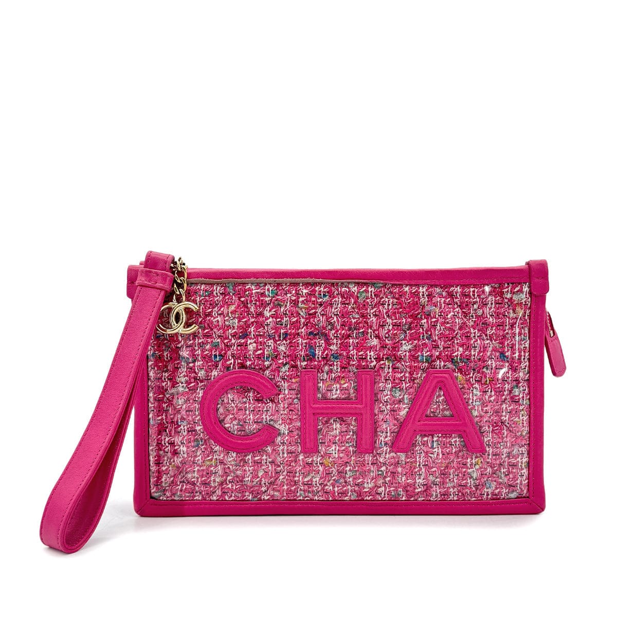 Luxury Promise Japan CHANEL 2019 SS PRET-A-PORTER COLLECTION PVC LOGO CLUTCH BAG PINK TWEED 90292785