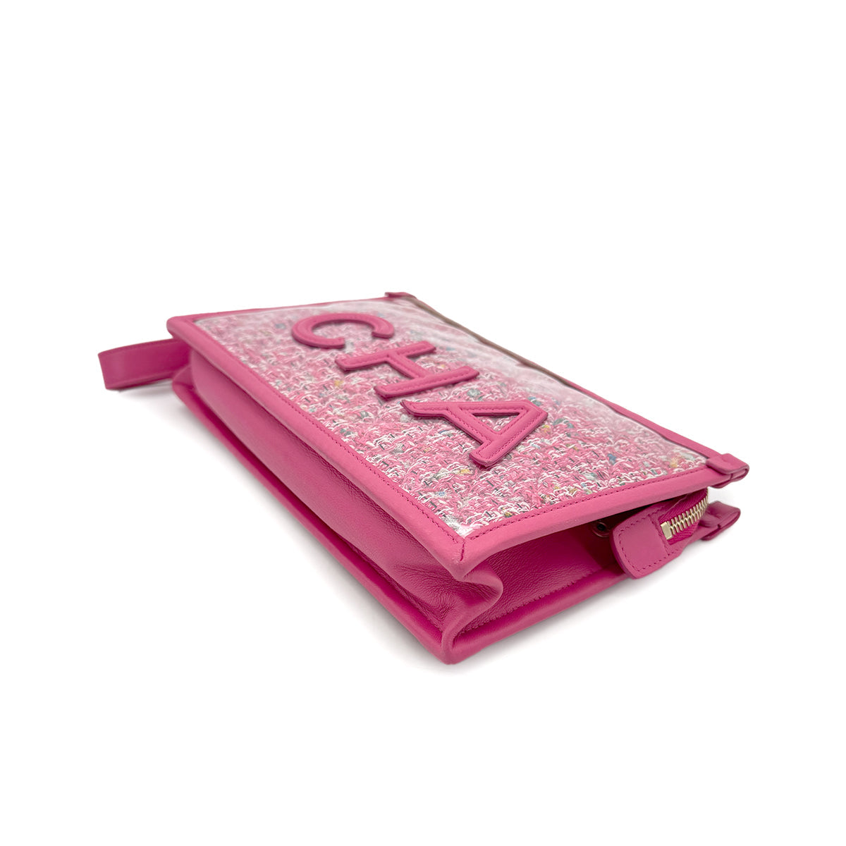 Luxury Promise Japan CHANEL 2019 SS PRET-A-PORTER COLLECTION PVC LOGO CLUTCH BAG PINK TWEED 90292785