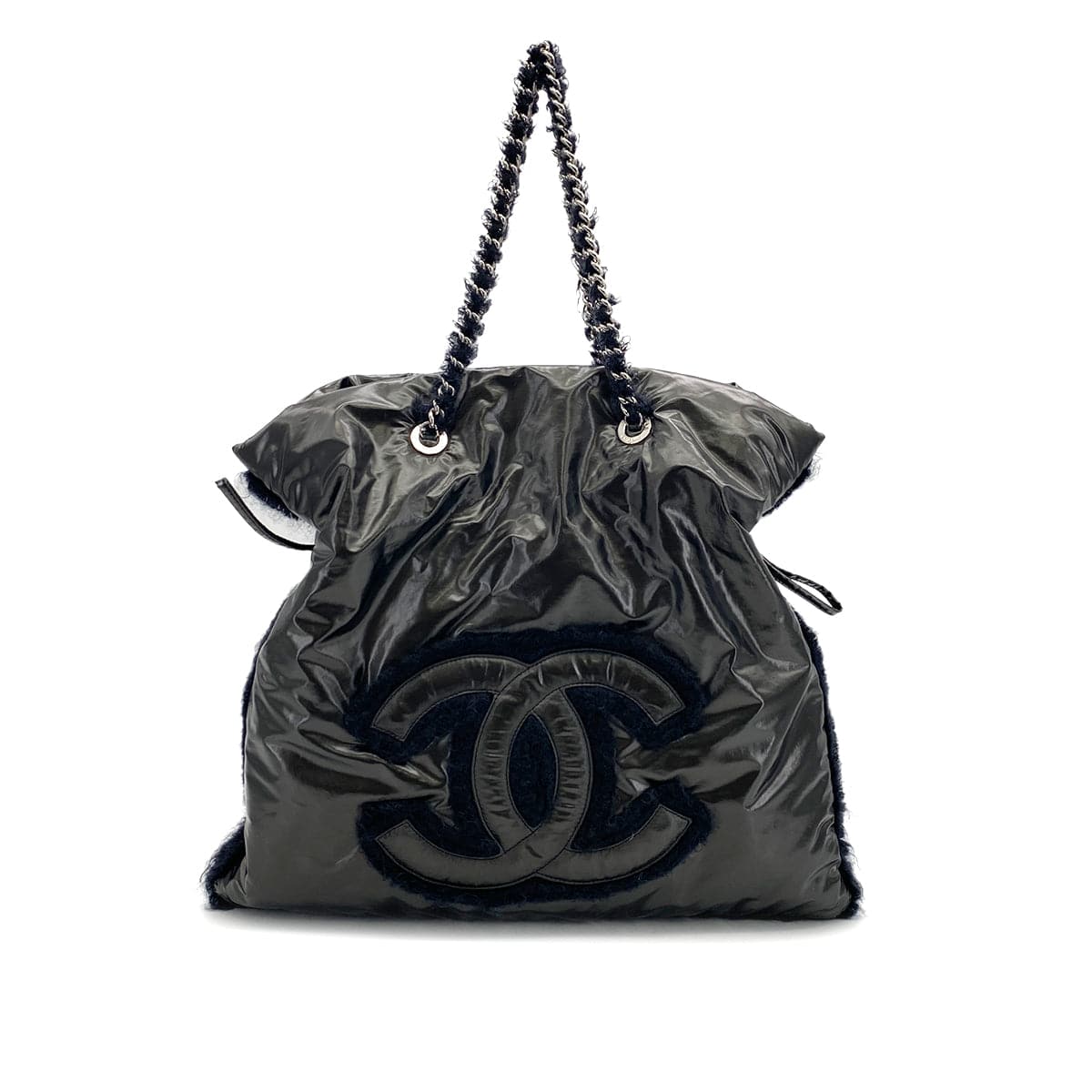 Luxury Promise Japan CHANEL BIG COCO CHAIN TOTE BAG METALLIC GLAY NYLON FUR SILVER HARDWARE 90318519
