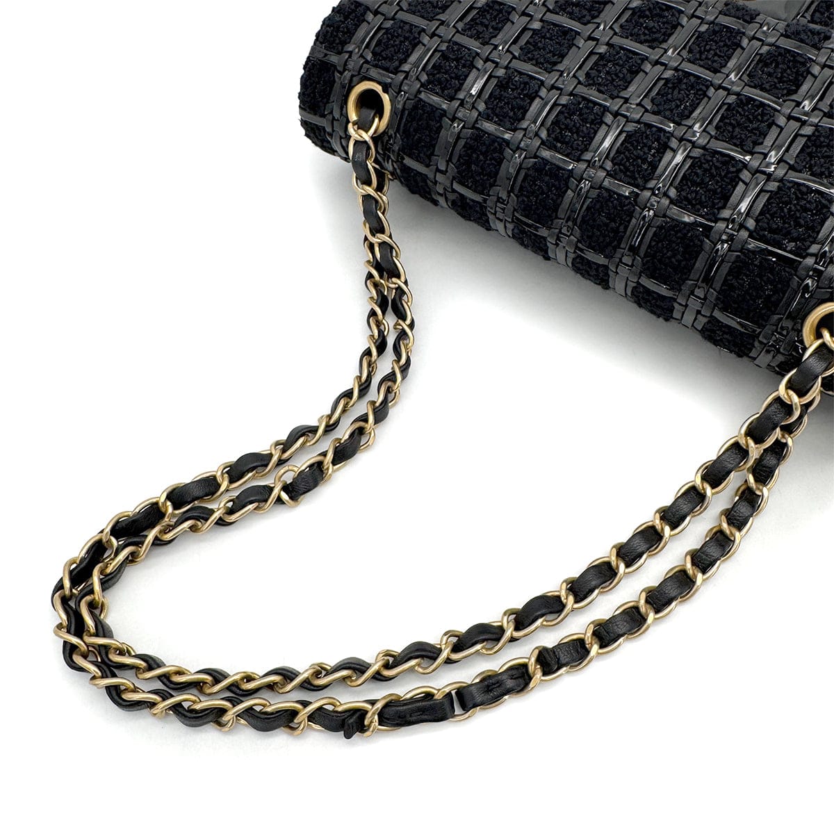 Luxury Promise Japan CHANEL BLOCK CHECK CHAIN SHOULDER BAG BLACK TWEED ENAMEL GOLD HARDWARE 90318754