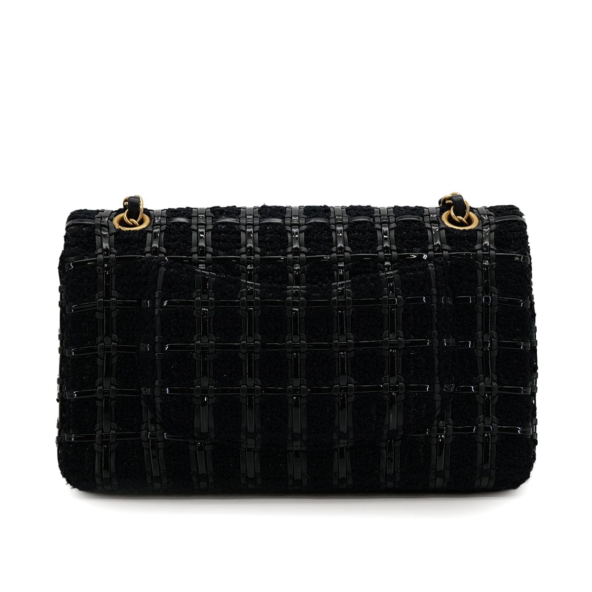 Luxury Promise Japan CHANEL BLOCK CHECK CHAIN SHOULDER BAG BLACK TWEED ENAMEL GOLD HARDWARE 90318754