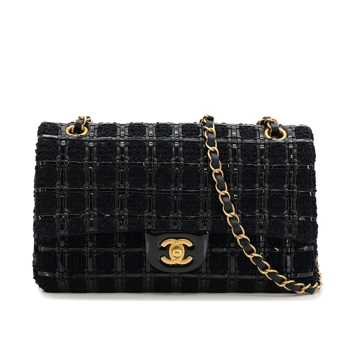 Luxury Promise Japan CHANEL BLOCK CHECK CHAIN SHOULDER BAG BLACK TWEED ENAMEL GOLD HARDWARE 90318754