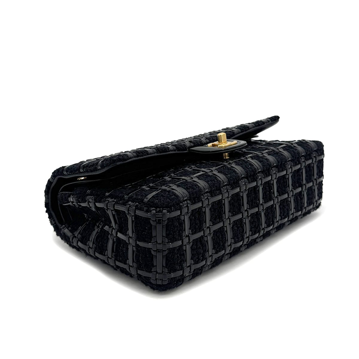 Luxury Promise Japan CHANEL BLOCK CHECK CHAIN SHOULDER BAG BLACK TWEED ENAMEL GOLD HARDWARE 90318754