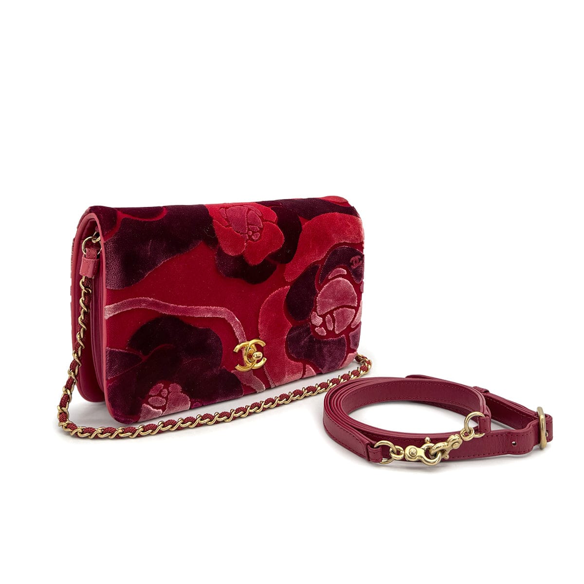 Luxury Promise Japan CHANEL CAMELLIA 2WAY CHAIN HAND SHOULDER BAG RED PINK VELVET GOLD HARDWARE 90318730