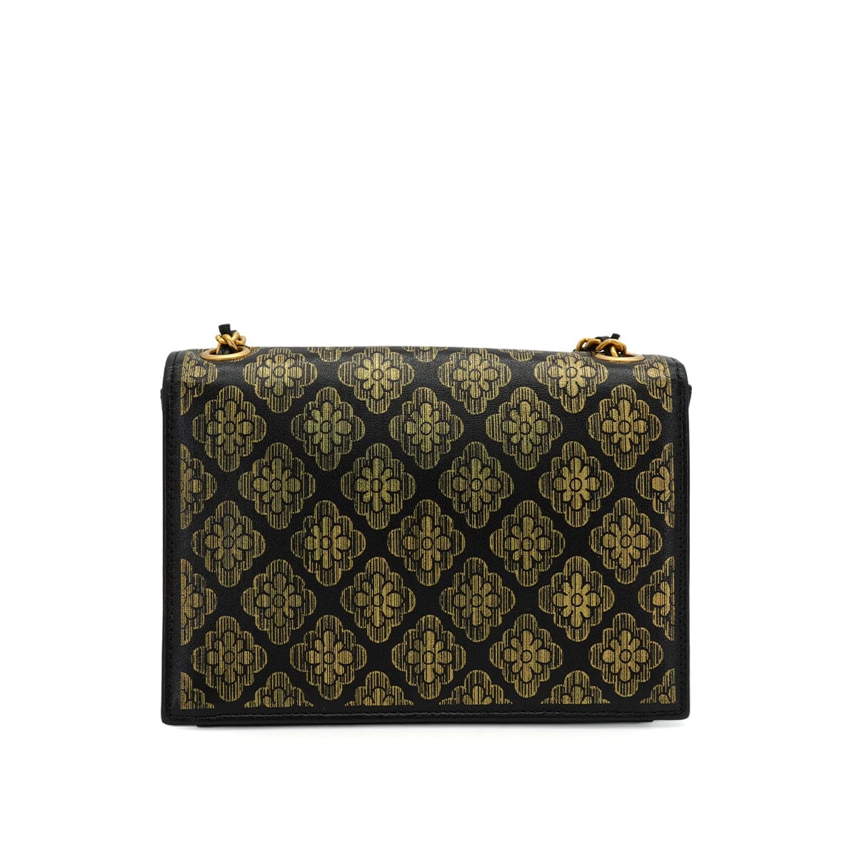 Luxury Promise Japan CHANEL CAMELLIA PATTERN METALLIC PRINT TURNLOCK CHAIN SHOULDER BAG BLACK LEATHER GOLD HARDWARE 90344459