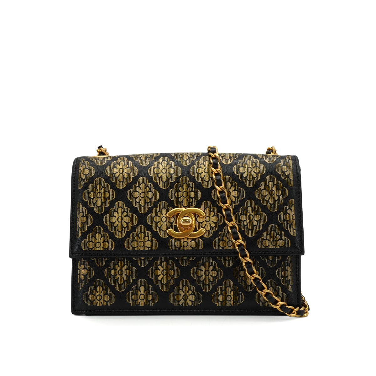 Luxury Promise Japan CHANEL CAMELLIA PATTERN METALLIC PRINT TURNLOCK CHAIN SHOULDER BAG BLACK LEATHER GOLD HARDWARE 90344459