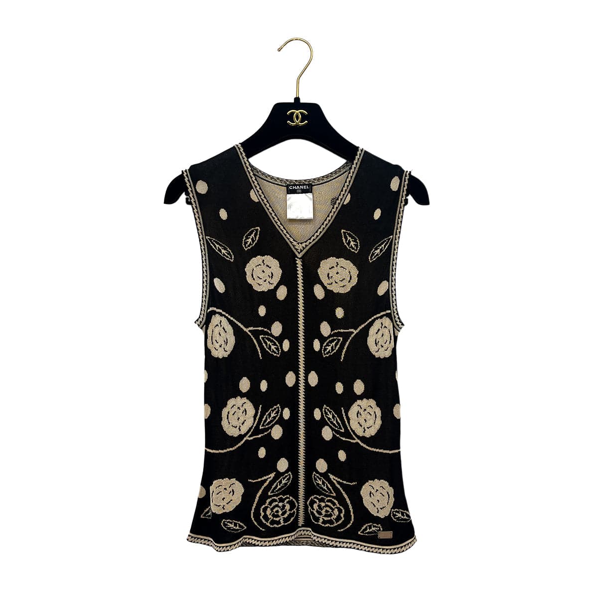 Luxury Promise Japan CHANEL CAMELLIA SLEEVELESS TOPS BLACK BEIGE RAYON 38 02P RTW 90288025