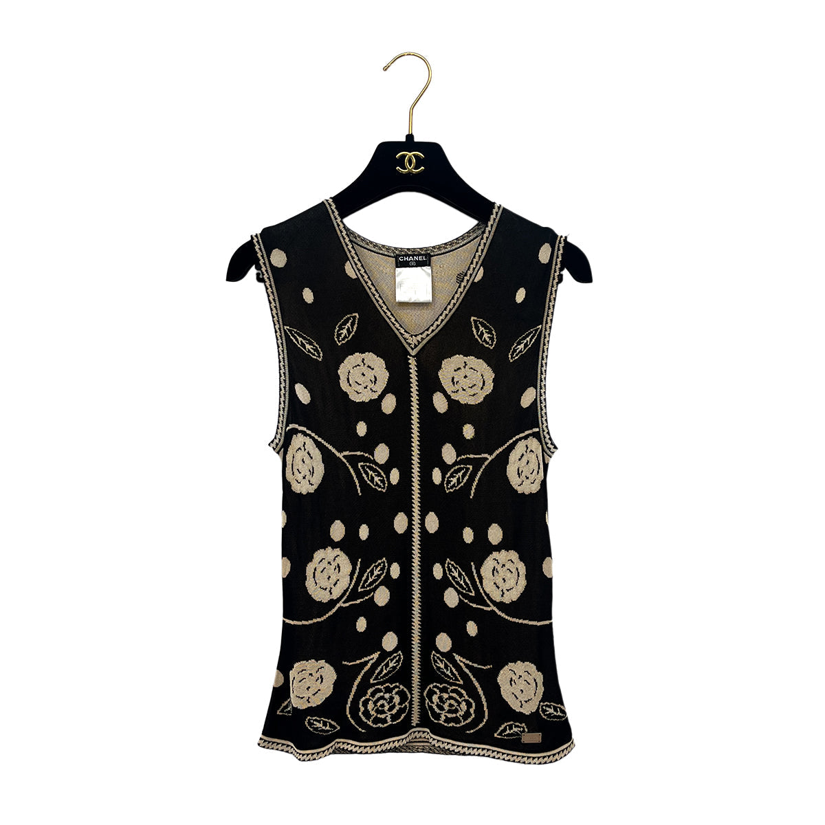 Luxury Promise Japan CHANEL CAMELLIA SLEEVELESS TOPS BLACK BEIGE RAYON 38 02P RTW 90288025