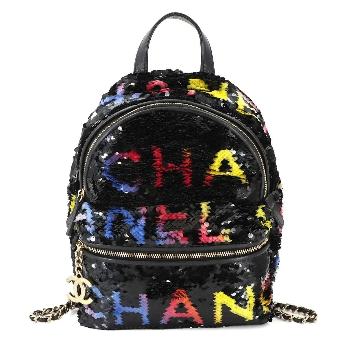 Luxury Promise Japan CHANEL Chain Backpack Spangle Leather Black Purse 90275335