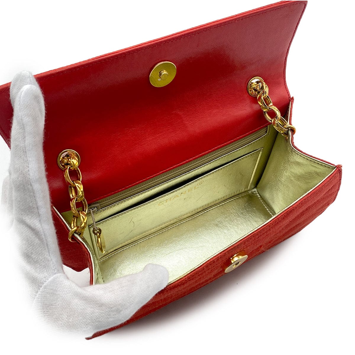 Luxury Promise Japan CHANEL CHAIN SHOULDER BAG FAKE PEARL RED FABRIC 90268198