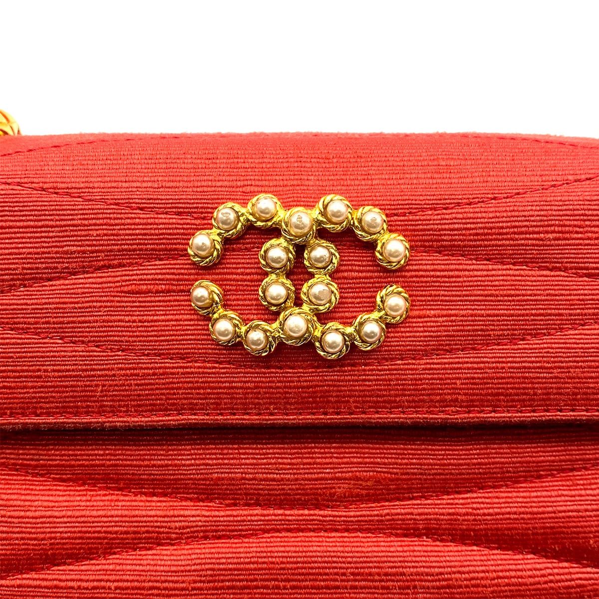 Luxury Promise Japan CHANEL CHAIN SHOULDER BAG FAKE PEARL RED FABRIC 90268198